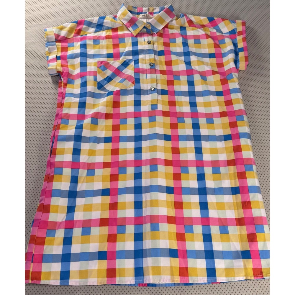 Entro Women Multicolor Plaid Short Sleeve Shift Dress with Pockets Size S Preppy